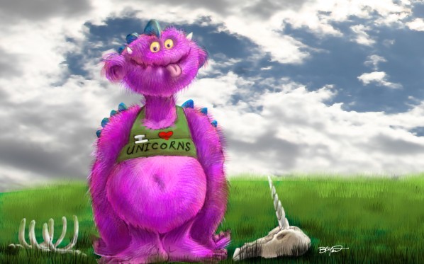 Pink Monster Wearing I Love Unicorns Shirt With Unicorn Skull