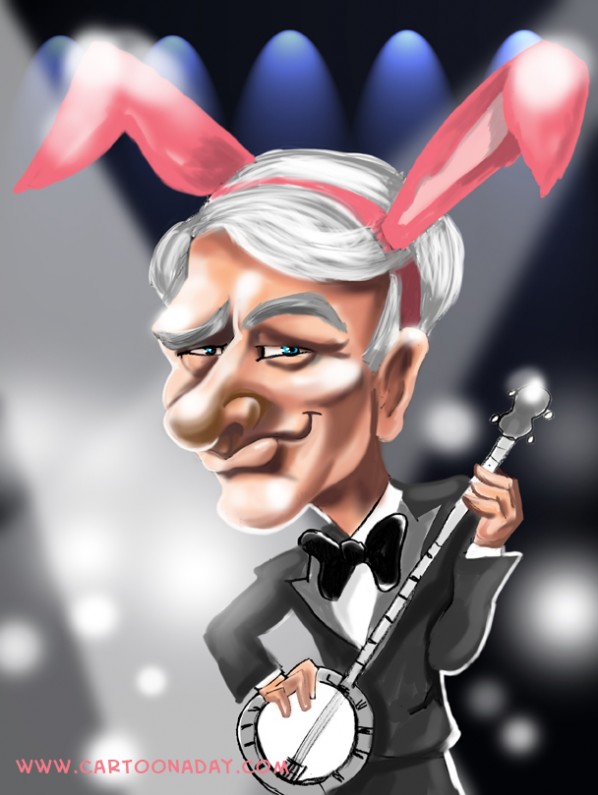 Steve Martin Oscar host wearing bunny ears and playing banjo
