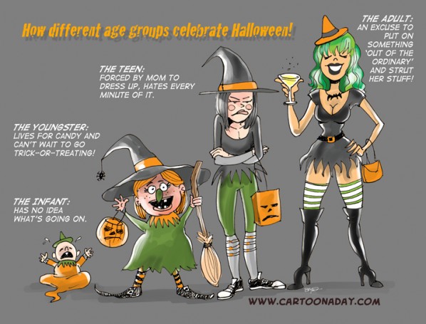 Different Age Groups Celebrating Halloween Cartoon