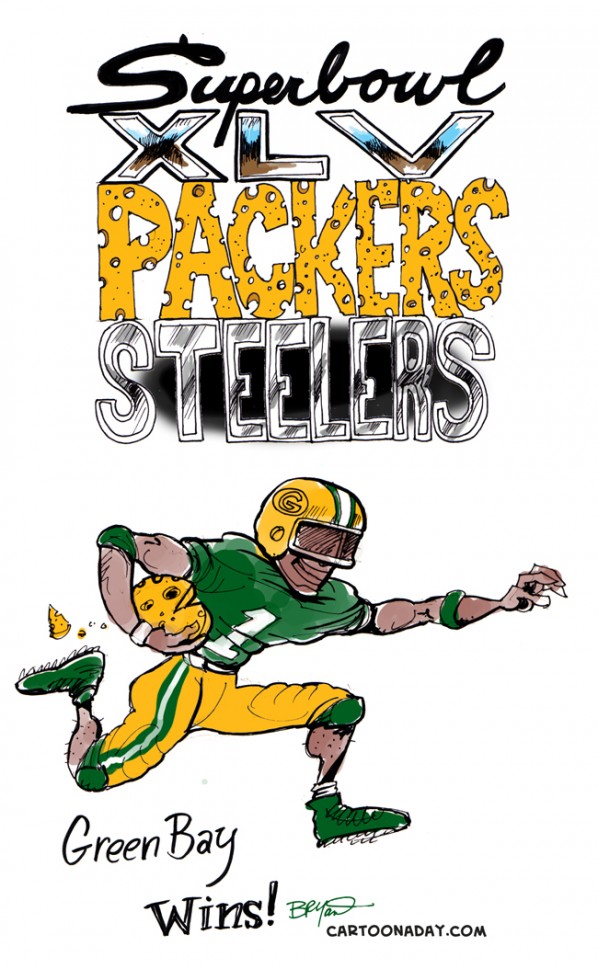 In my quickie cartoon above, a Green Bay packer is seen running off with the 