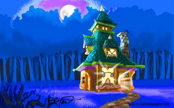 fantasy house illustration-blue