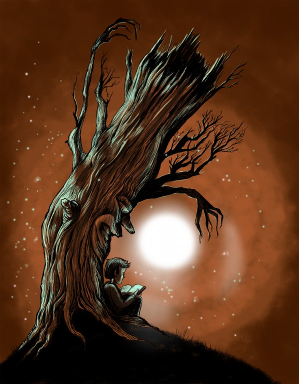 Old Tree Watches Over Boy Reading at Night