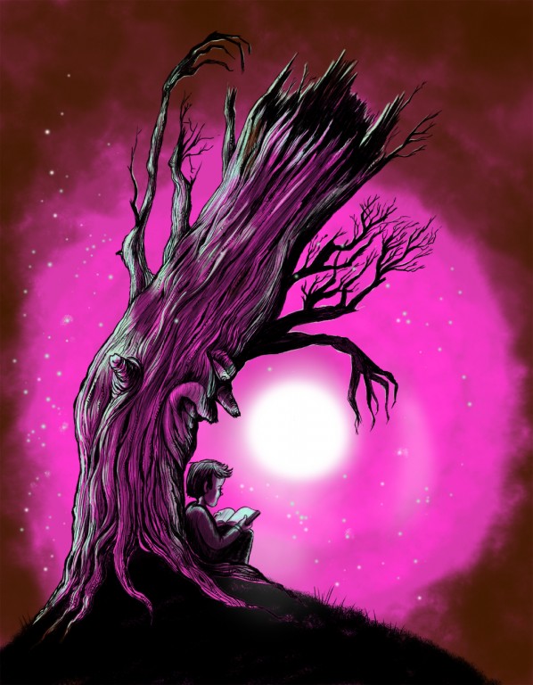 Old Tree Watches Over Boy Reading at Night
