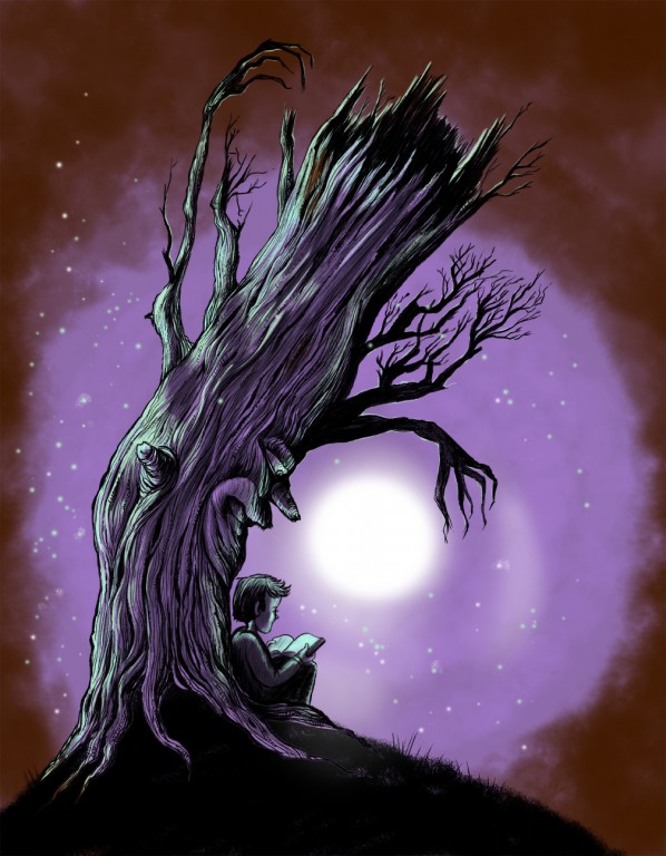 Old Tree Watches Over Boy Reading at Night
