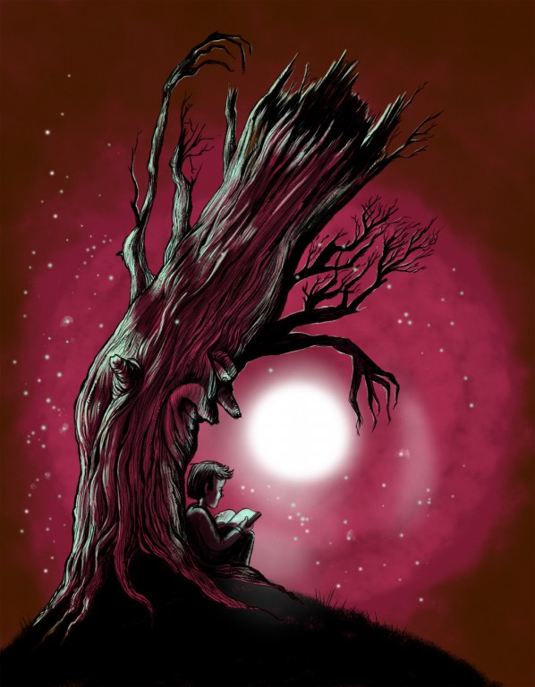 Old Tree Watches Over Boy Reading at Night