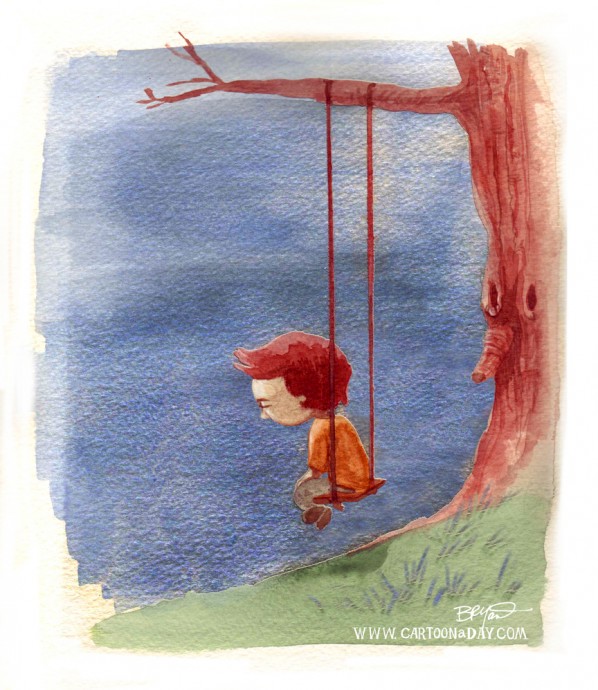Cartoon Little Boy Alone Swinging Cartoon