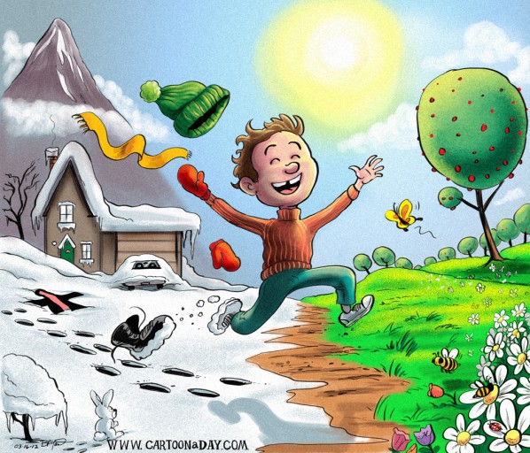 Spring Has Sprung- Cartoon Kid Jumps for Joy