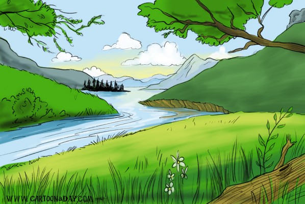 Peaceful Mountain Brook Landscape Cartoon