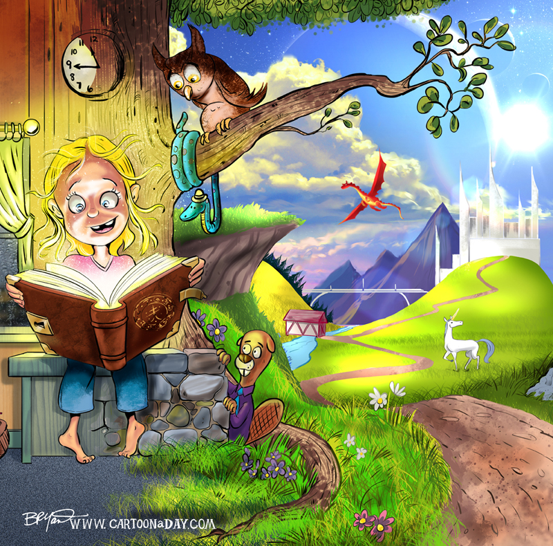 Little Girl Reading Fantasy Book ❤ Cartoon « Cartoon A Day