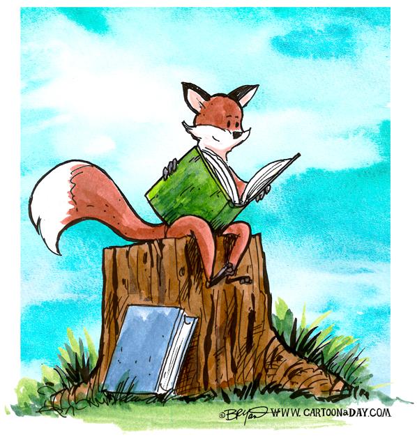 fox-reading-book-on-stump-598