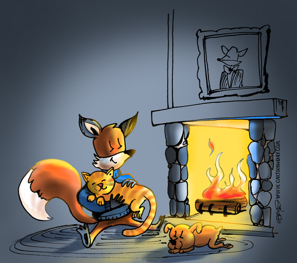 fox-cat-dog-fireplace-cartoon-598